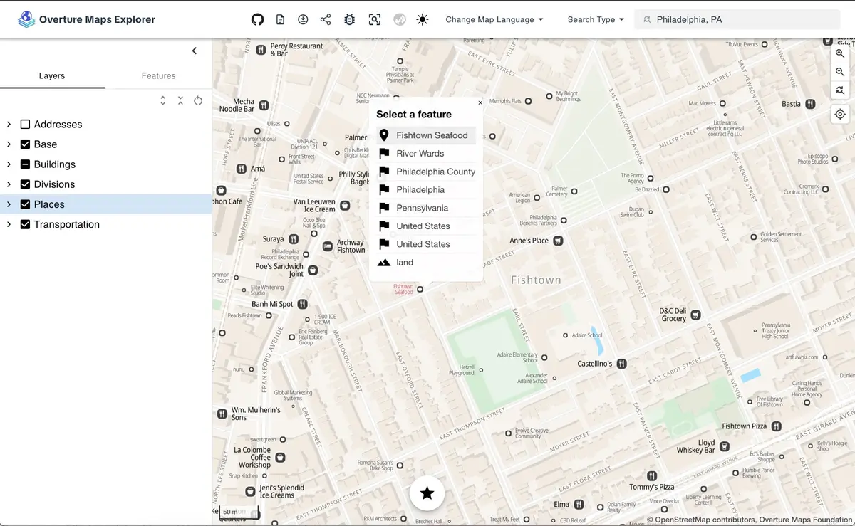 Explore mode showing places in the Fishtown neighborhood of Philadelphia