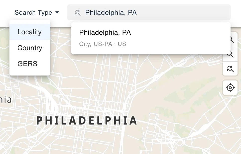 Search bar showing a locality search for Philadelphia, PA