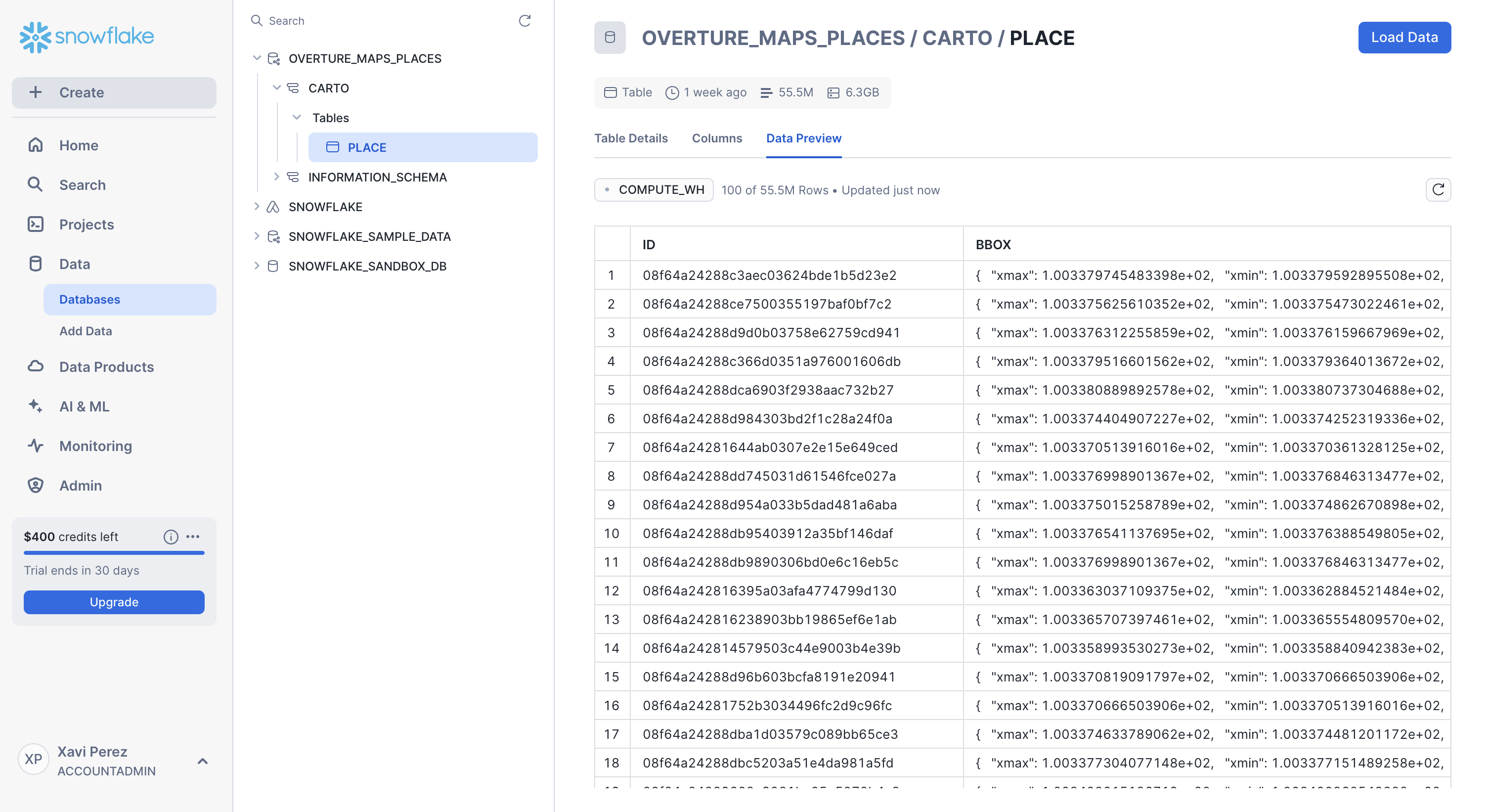 Overture data in database